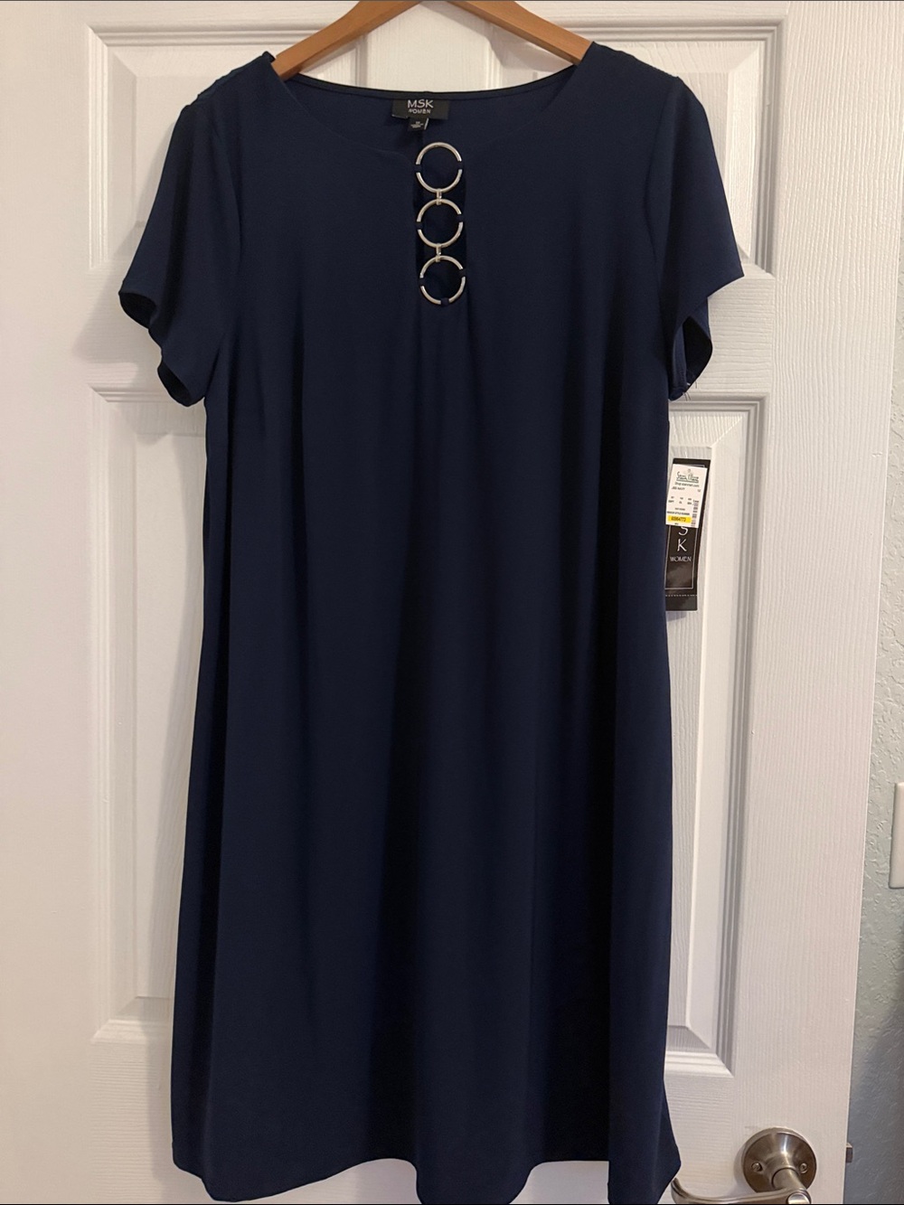 MSK Navy Short-Sleeve Shift Dress with Silver Ring Detail